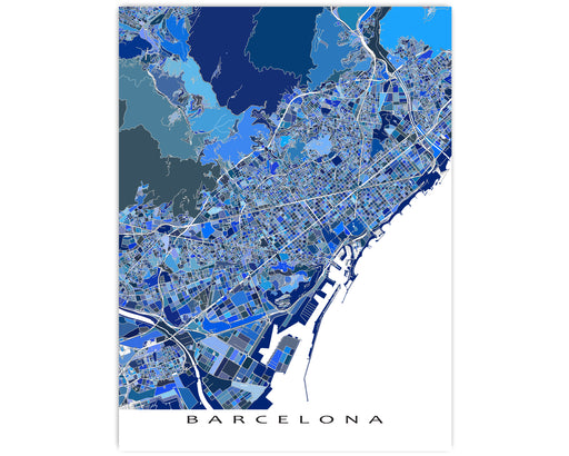 Barcelona Spain city map print with a blue geometric design by Maps As Art.