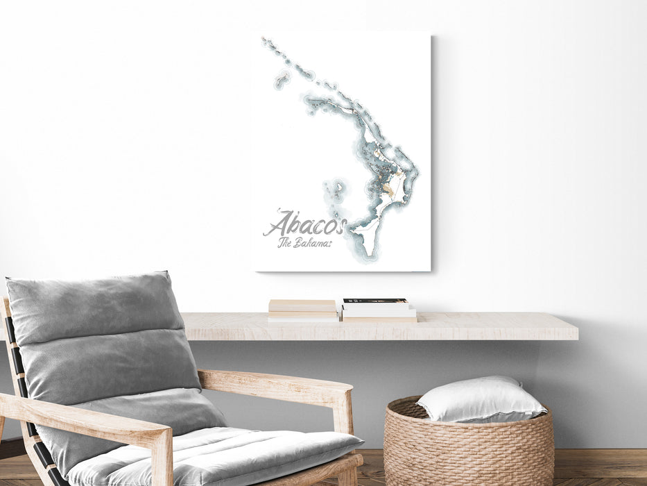 Abacos Map Wall Art Print Poster, Abaco Islands The Bahamas Caribbean Watercolor Style Maps