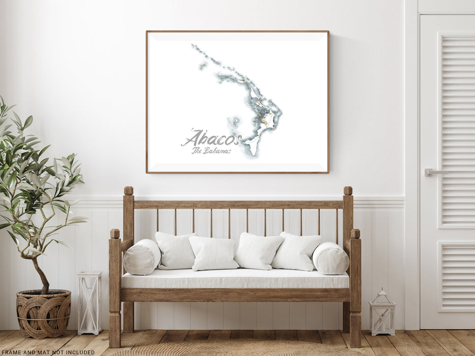 Abacos Map Wall Art Print Poster, Abaco Islands The Bahamas Caribbean Watercolor Style Maps