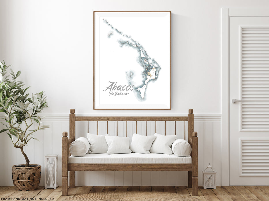 Abacos Map Wall Art Print Poster, Abaco Islands The Bahamas Caribbean Watercolor Style Maps