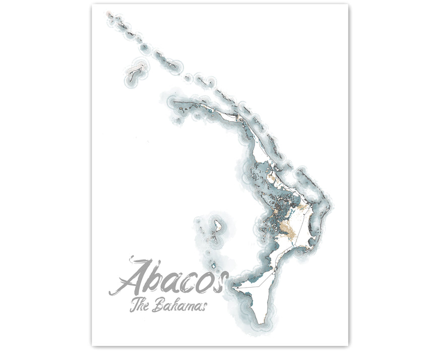 Abacos Map Wall Art Print Poster, Abaco Islands The Bahamas Caribbean Watercolor Style Maps