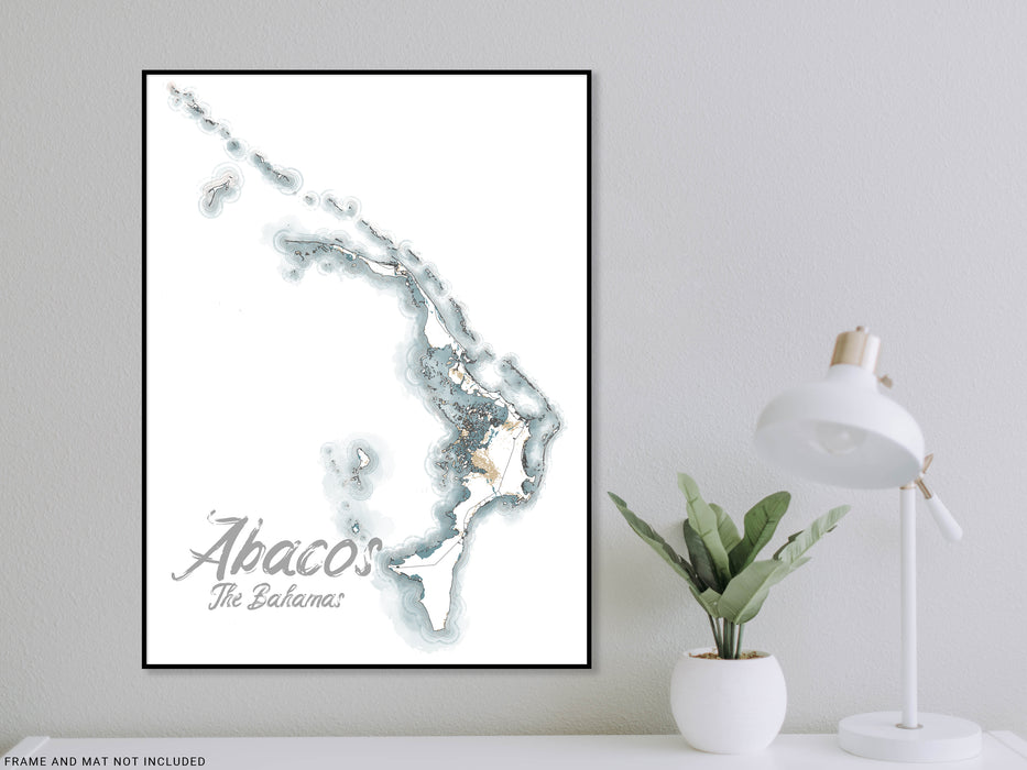 Abacos Map Wall Art Print Poster, Abaco Islands The Bahamas Caribbean Watercolor Style Maps