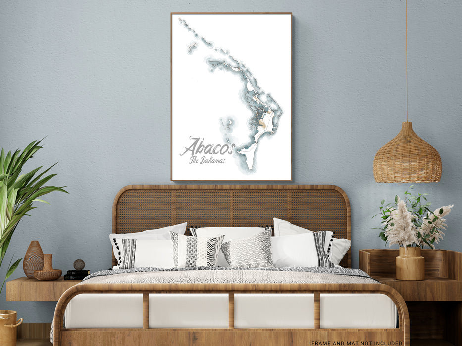 Abacos Map Wall Art Print Poster, Abaco Islands The Bahamas Caribbean Watercolor Style Maps