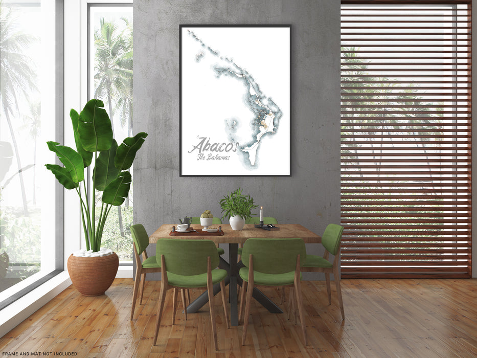 Abacos Map Wall Art Print Poster, Abaco Islands The Bahamas Caribbean Watercolor Style Maps