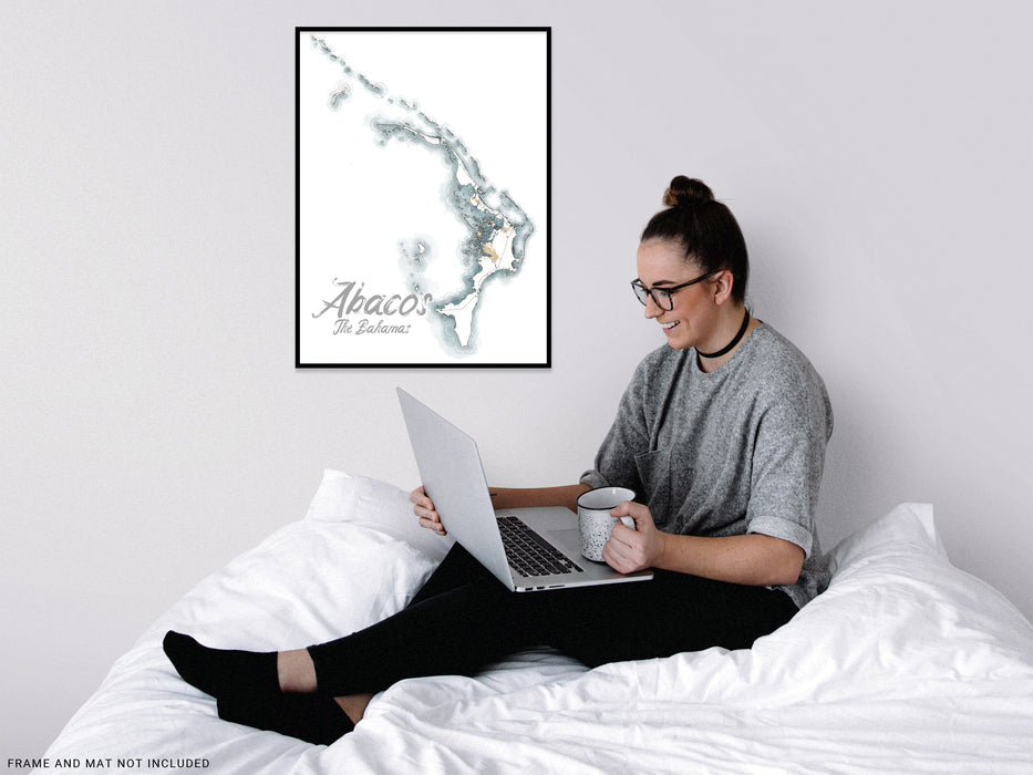 Abacos Map Wall Art Print Poster, Abaco Islands The Bahamas Caribbean Watercolor Style Maps