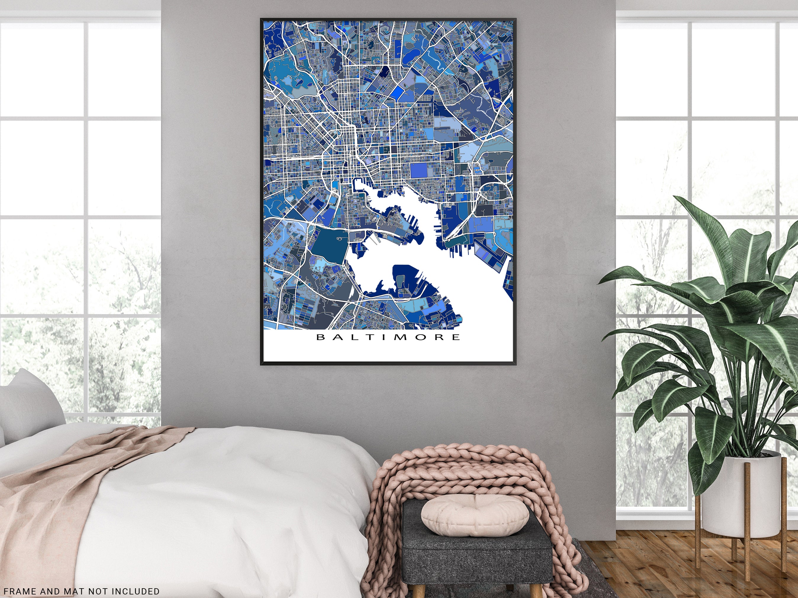 Baltimore City Street Map Wall Art Print Poster with Blue Geometric De ...