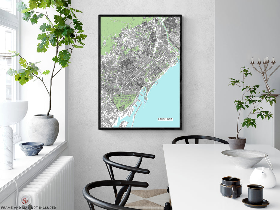 Barcelona Map Wall Art Print Poster with Buildings, Modern Spain City Road Maps