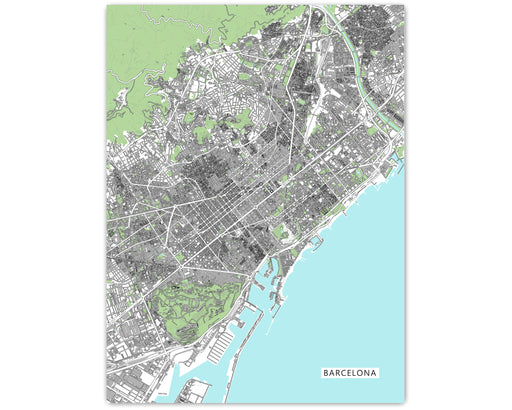 Barcelona Map Wall Art Print Poster with Buildings, Modern Spain City Road Maps