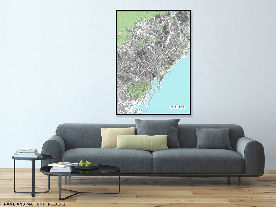 Barcelona Map Wall Art Print Poster with Buildings, Modern Spain City Road Maps