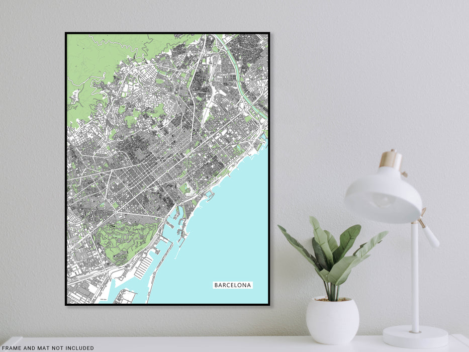 Barcelona Map Wall Art Print Poster with Buildings, Modern Spain City Road Maps