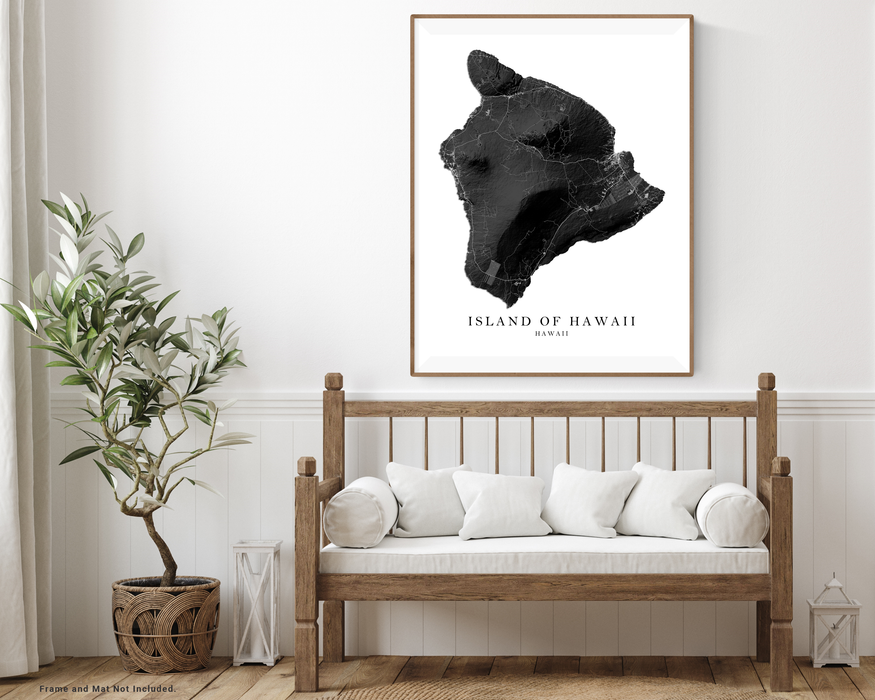 Map of Hawaii Island Wall Art Print Poster, Black and White Topographic Hawaiian Islands Maps, Big Island Kona Hilo