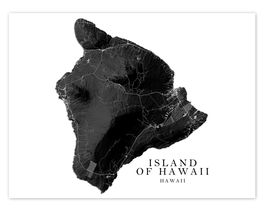 Map of Hawaii Island Wall Art Print Poster, Black and White Topographic Hawaiian Islands Maps, Big Island Kona Hilo