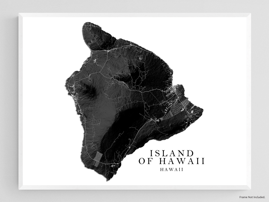 Map of Hawaii Island Wall Art Print Poster, Black and White Topographic Hawaiian Islands Maps, Big Island Kona Hilo