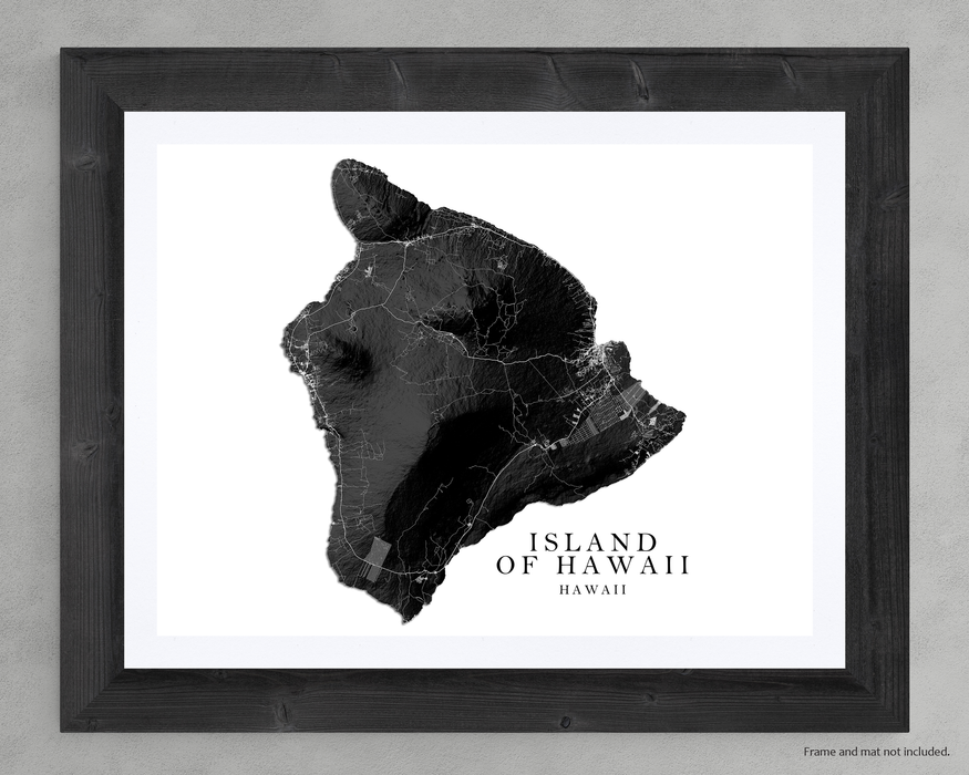 Map of Hawaii Island Wall Art Print Poster, Black and White Topographic Hawaiian Islands Maps, Big Island Kona Hilo