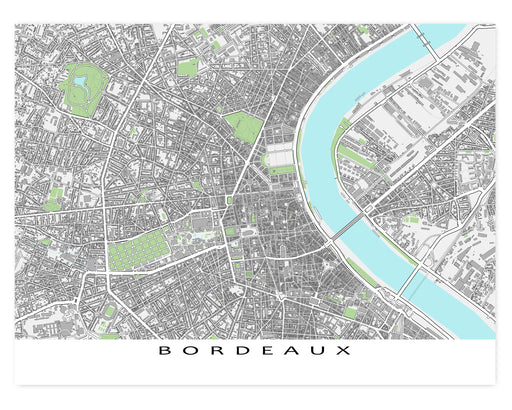 Bordeaux, France map print poster with city buildings, greenspaces and roads designed by Maps As Art.