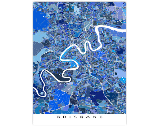 Brisbane, Australia city map art print poster with a geometric blue shapes design from Maps As Art.