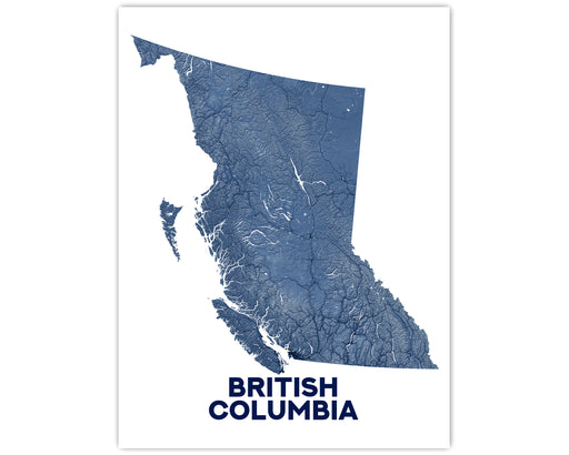 British Columbia map print poster with a blue, green or grey topographic landscape design by Maps As Art.