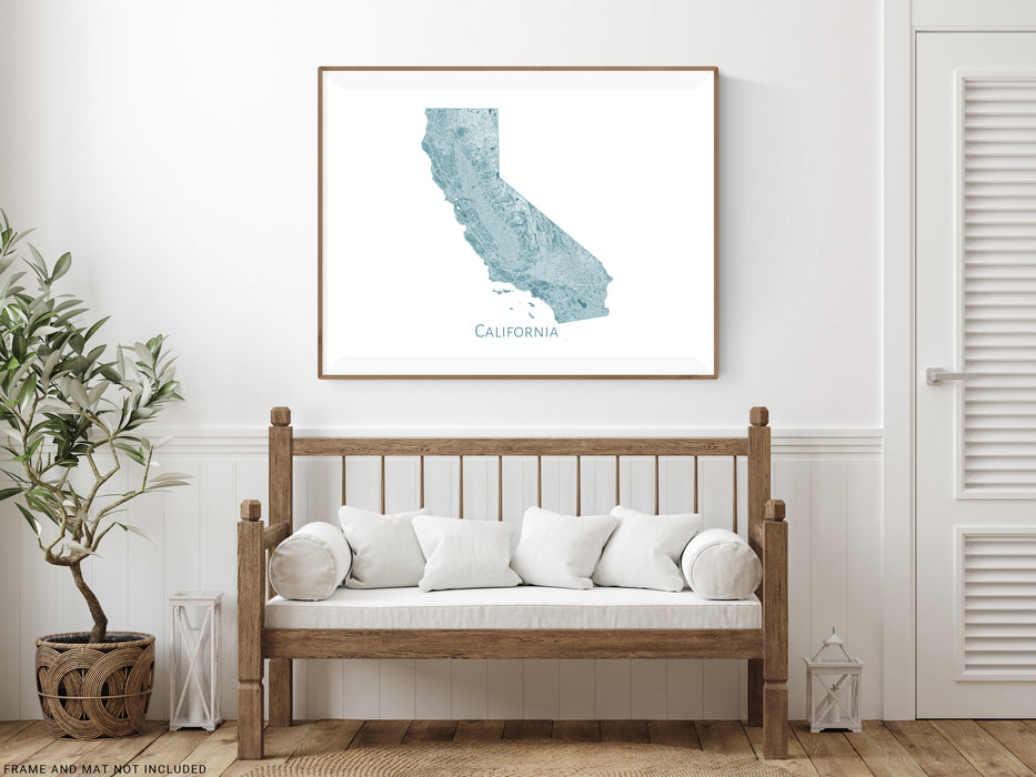 California State Map Wall Print Poster with Topographic Contour Line Art and Main Roads