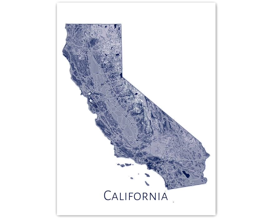 California State Map Wall Print Poster with Topographic Contour Line Art and Main Roads