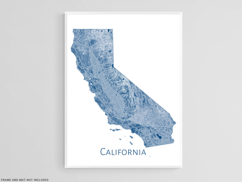 California State Map Wall Print Poster with Topographic Contour Line Art and Main Roads