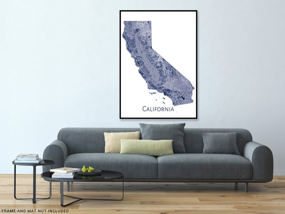 California State Map Wall Print Poster with Topographic Contour Line Art and Main Roads