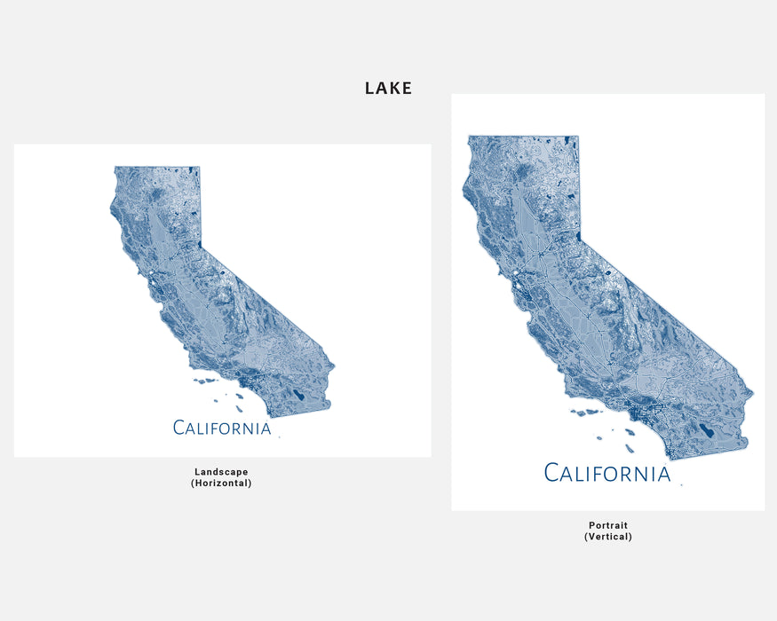 California State Map Wall Print Poster with Topographic Contour Line Art and Main Roads