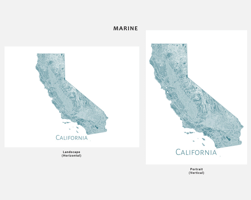 California State Map Wall Print Poster with Topographic Contour Line Art and Main Roads