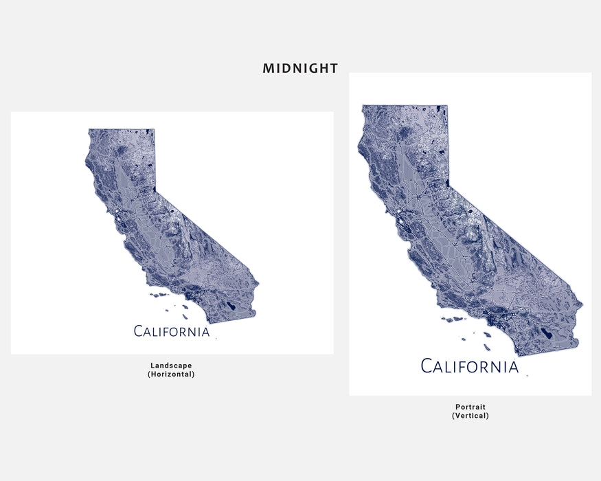 California State Map Wall Print Poster with Topographic Contour Line Art and Main Roads