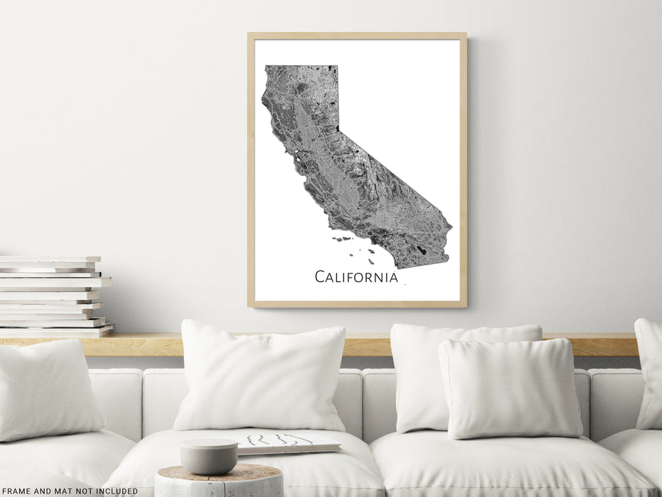 California State Map Wall Print Poster with Topographic Contour Line Art and Main Roads