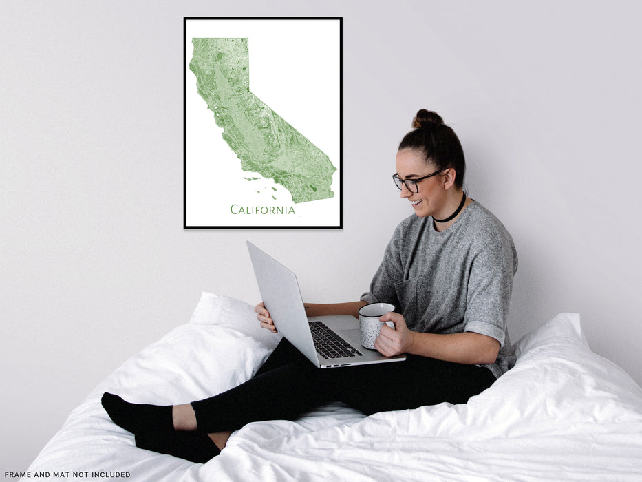 California State Map Wall Print Poster with Topographic Contour Line Art and Main Roads