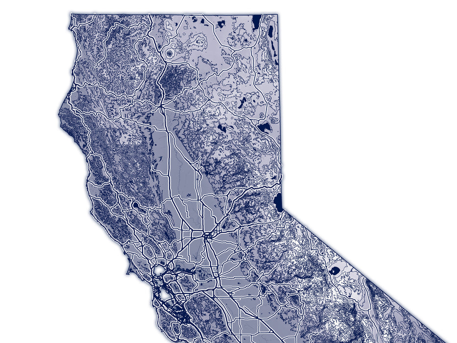 California State Map Wall Print Poster with Topographic Contour Line Art and Main Roads