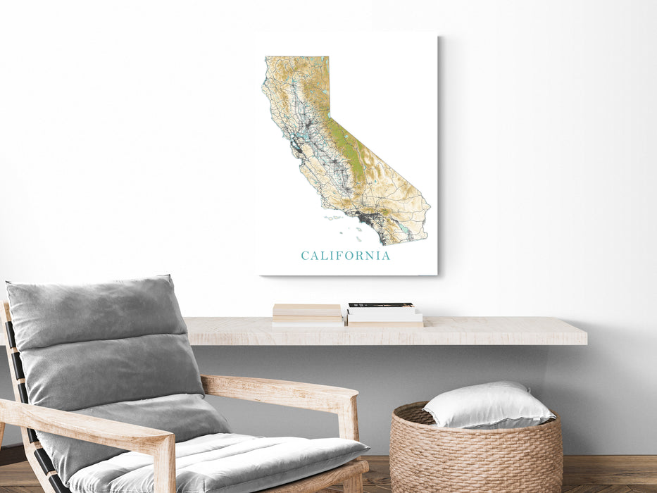 California State Wall Art Map Print Poster, Topographic Landscape Road Maps for Home Decor