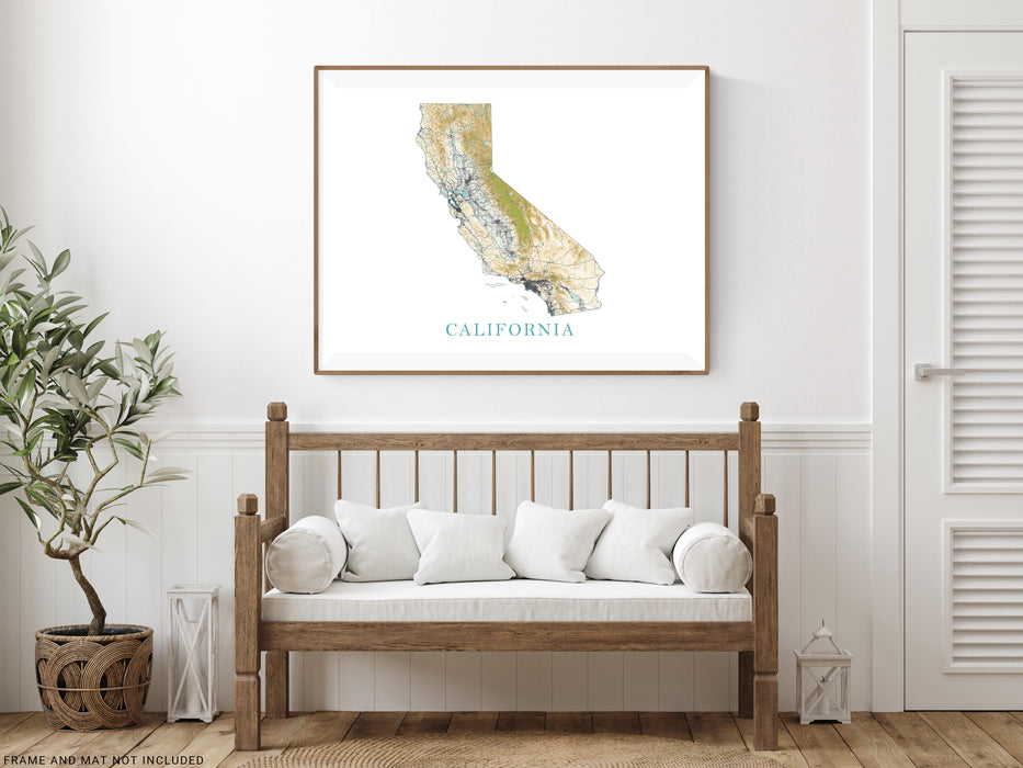 California State Wall Art Map Print Poster, Topographic Landscape Road Maps for Home Decor