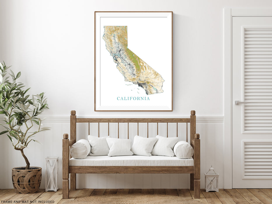 California State Wall Art Map Print Poster, Topographic Landscape Road Maps for Home Decor