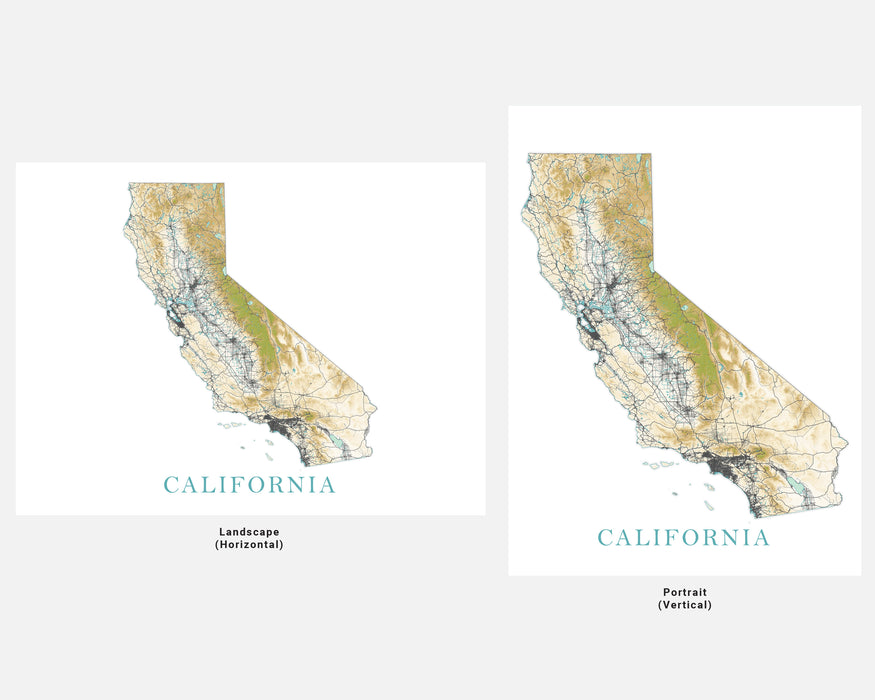 California State Wall Art Map Print Poster, Topographic Landscape Road Maps for Home Decor