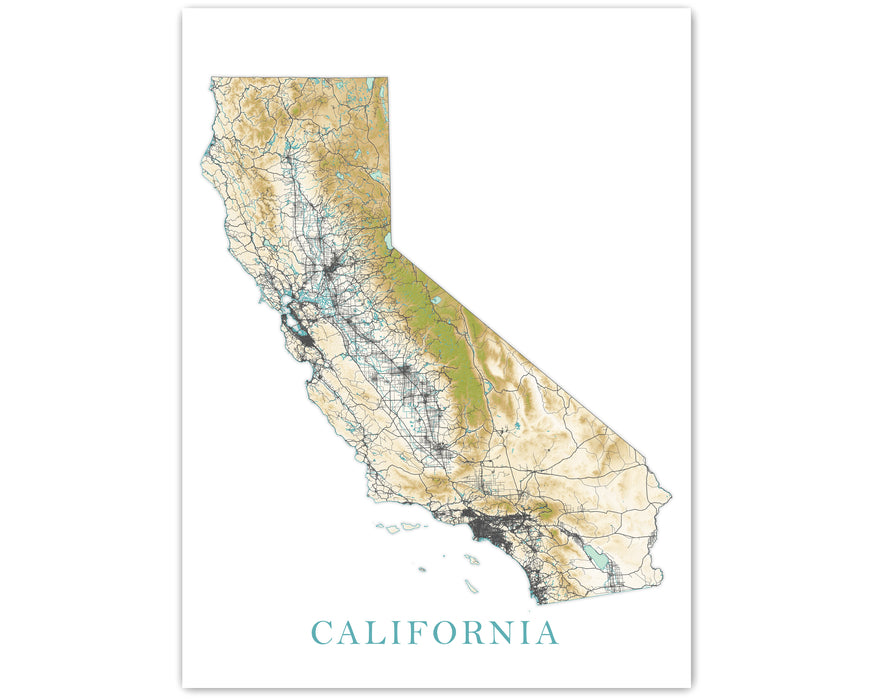 California State Wall Art Map Print Poster, Topographic Landscape Road Maps for Home Decor