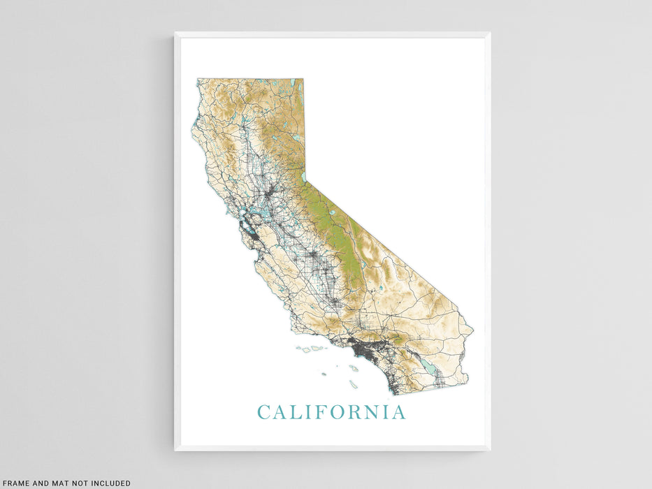 California State Wall Art Map Print Poster, Topographic Landscape Road Maps for Home Decor