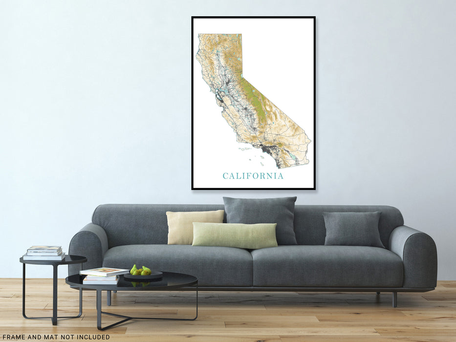 California State Wall Art Map Print Poster, Topographic Landscape Road Maps for Home Decor