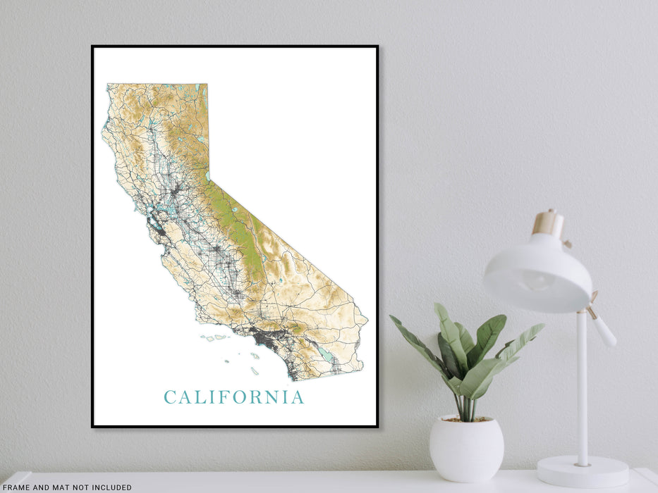 California State Wall Art Map Print Poster, Topographic Landscape Road Maps for Home Decor