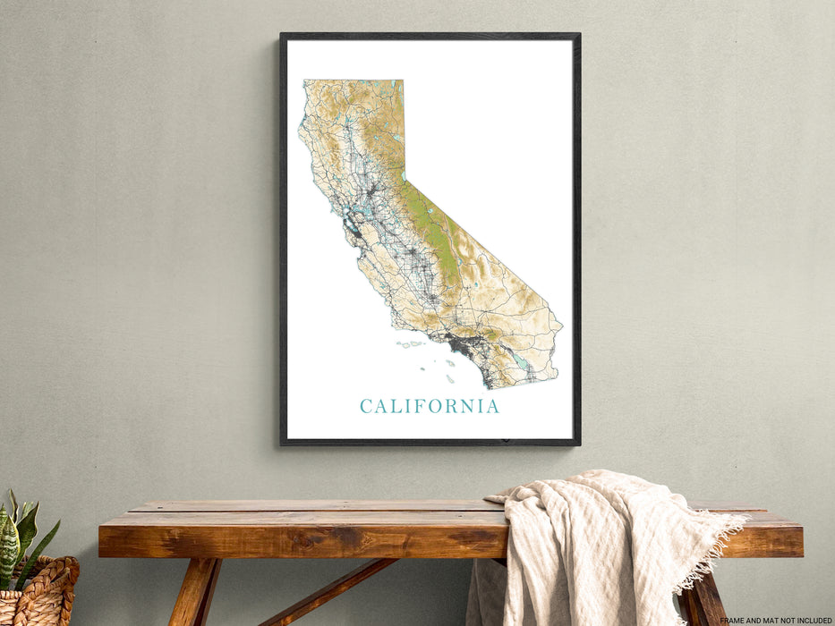 California State Wall Art Map Print Poster, Topographic Landscape Road Maps for Home Decor