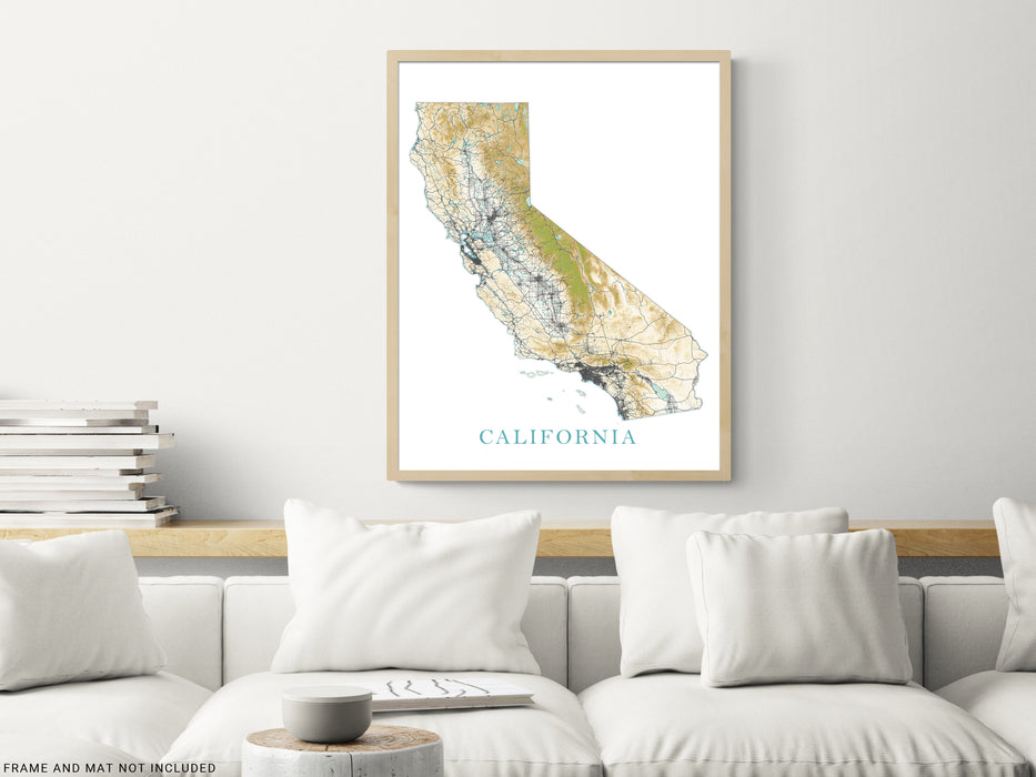 California State Wall Art Map Print Poster, Topographic Landscape Road Maps for Home Decor