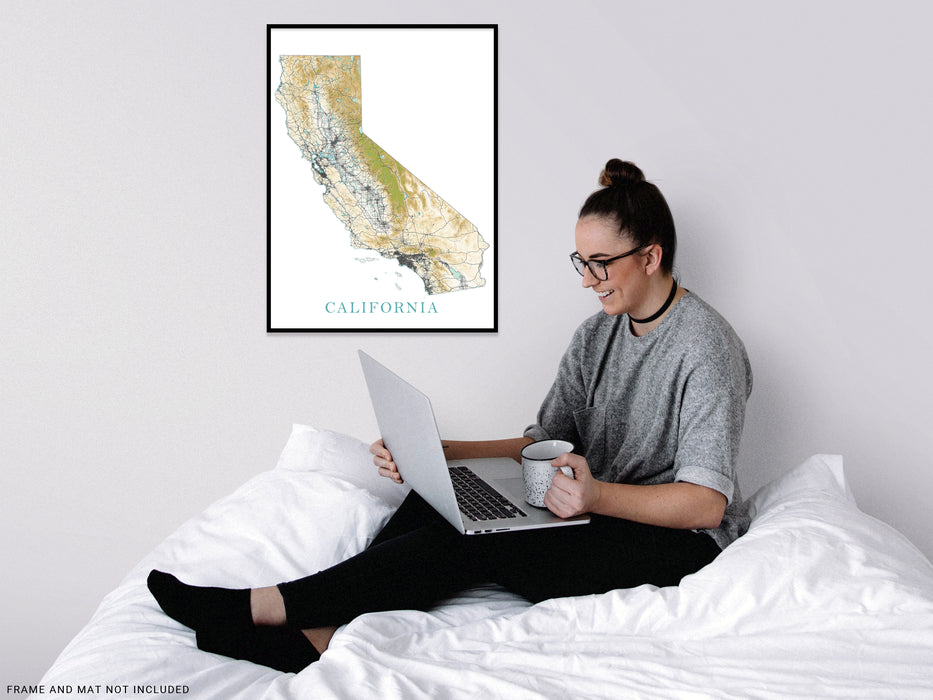 California State Wall Art Map Print Poster, Topographic Landscape Road Maps for Home Decor