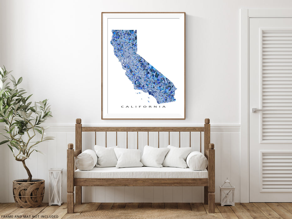 California state map art print in blue shapes designed by Maps As Art.