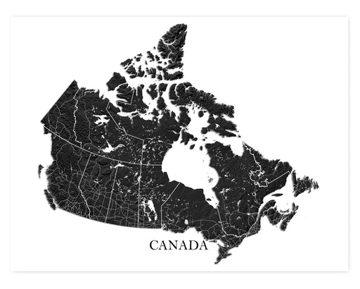 Canada map print poster with topographic black and white design by Maps As Art.