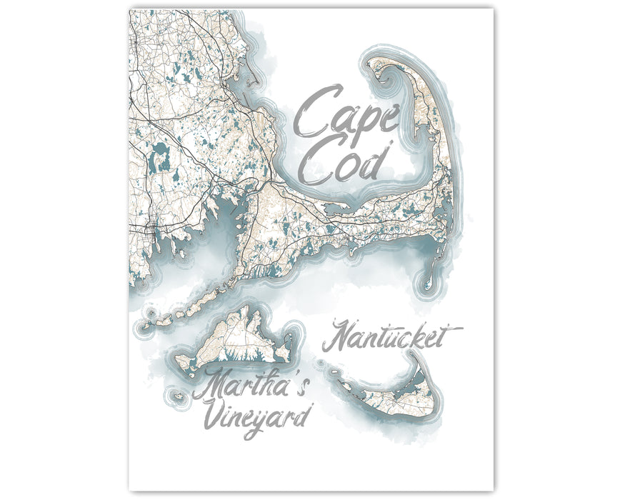 Cape Cod Marthas Vineyard Nantucket Island Watercolor Style Contour Map Wall Art Print Poster