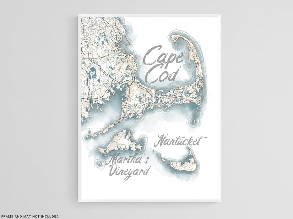 Cape Cod Marthas Vineyard Nantucket Island Watercolor Style Contour Map Wall Art Print Poster