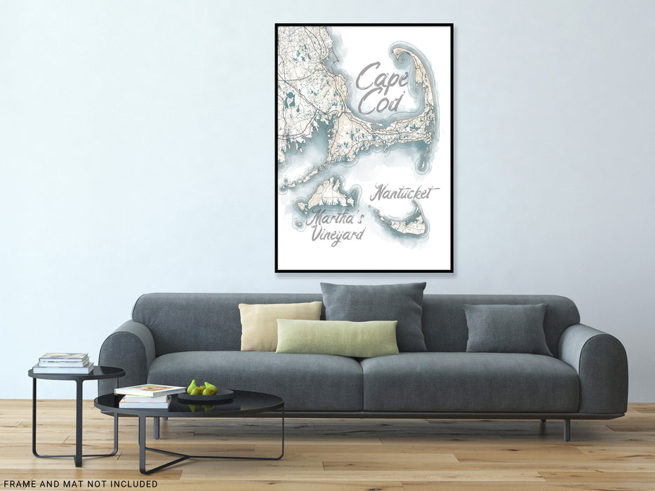 Cape Cod Marthas Vineyard Nantucket Island Watercolor Style Contour Map Wall Art Print Poster