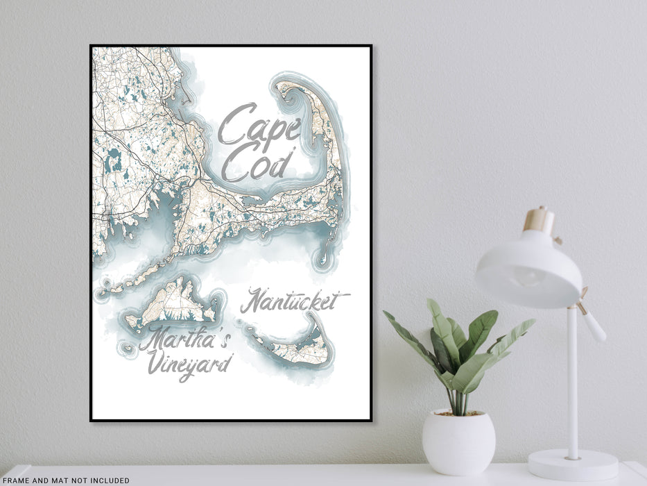 Cape Cod Marthas Vineyard Nantucket Island Watercolor Style Contour Map Wall Art Print Poster