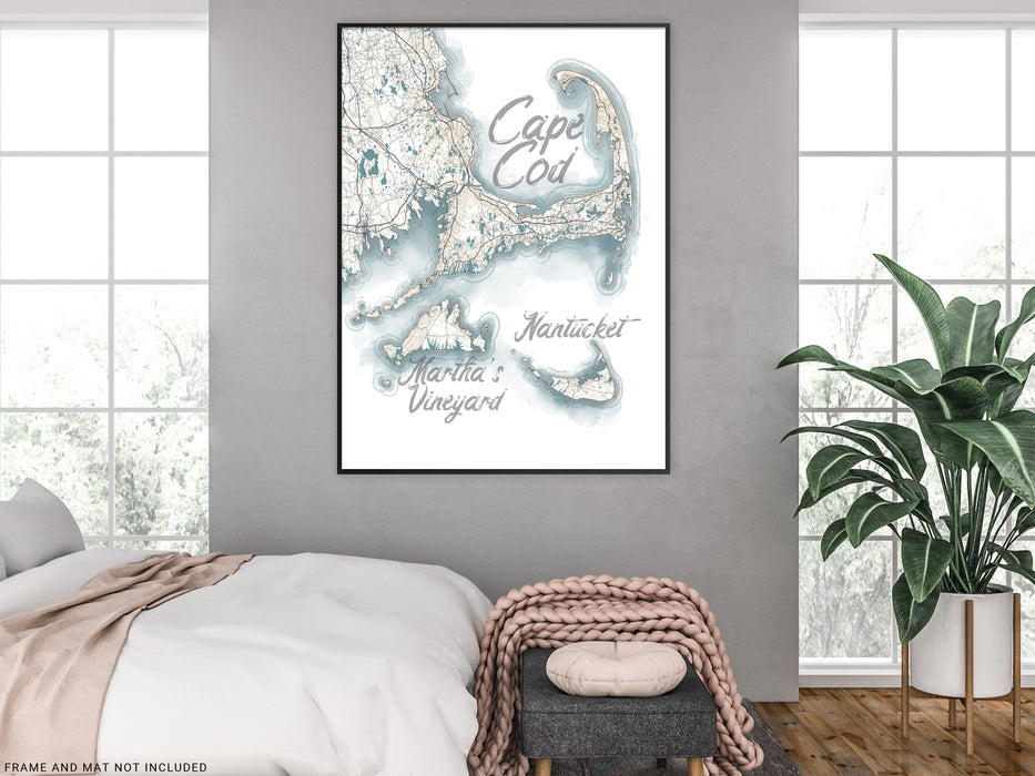 Cape Cod Marthas Vineyard Nantucket Island Watercolor Style Contour Map Wall Art Print Poster