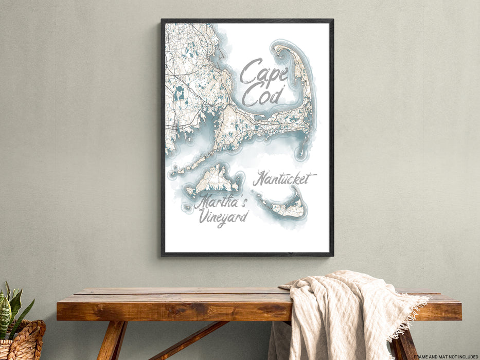 Cape Cod Marthas Vineyard Nantucket Island Watercolor Style Contour Map Wall Art Print Poster